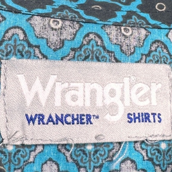 VTG 80s Wrangler Wrancher Western Cowboy Turquoise Pearl Snap Abstract Shirt Lg - Picture 3 of 8